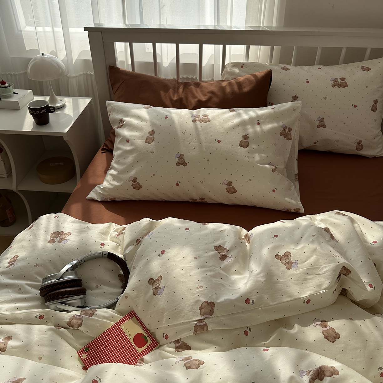 91家纺网 家纺一手货源 找家纺 尺素 2026新款纯棉卡通ins风四件套可爱少女风全棉被套纯色1.8床笠加大床单学生1.2三件套 小熊软糖--焦糖