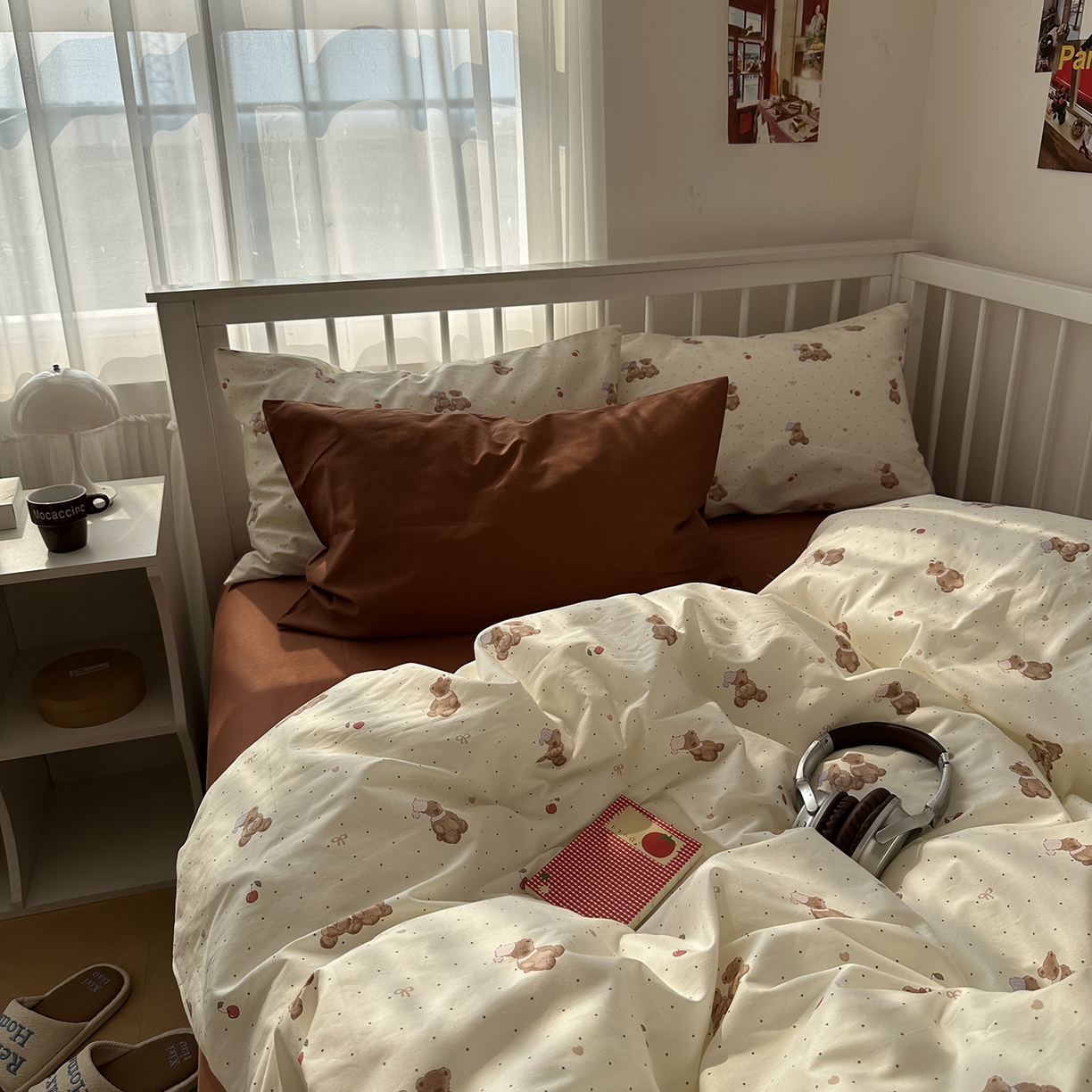 91家纺网 家纺一手货源 找家纺 尺素 2026新款纯棉卡通ins风四件套可爱少女风全棉被套纯色1.8床笠加大床单学生1.2三件套 小熊软糖--焦糖