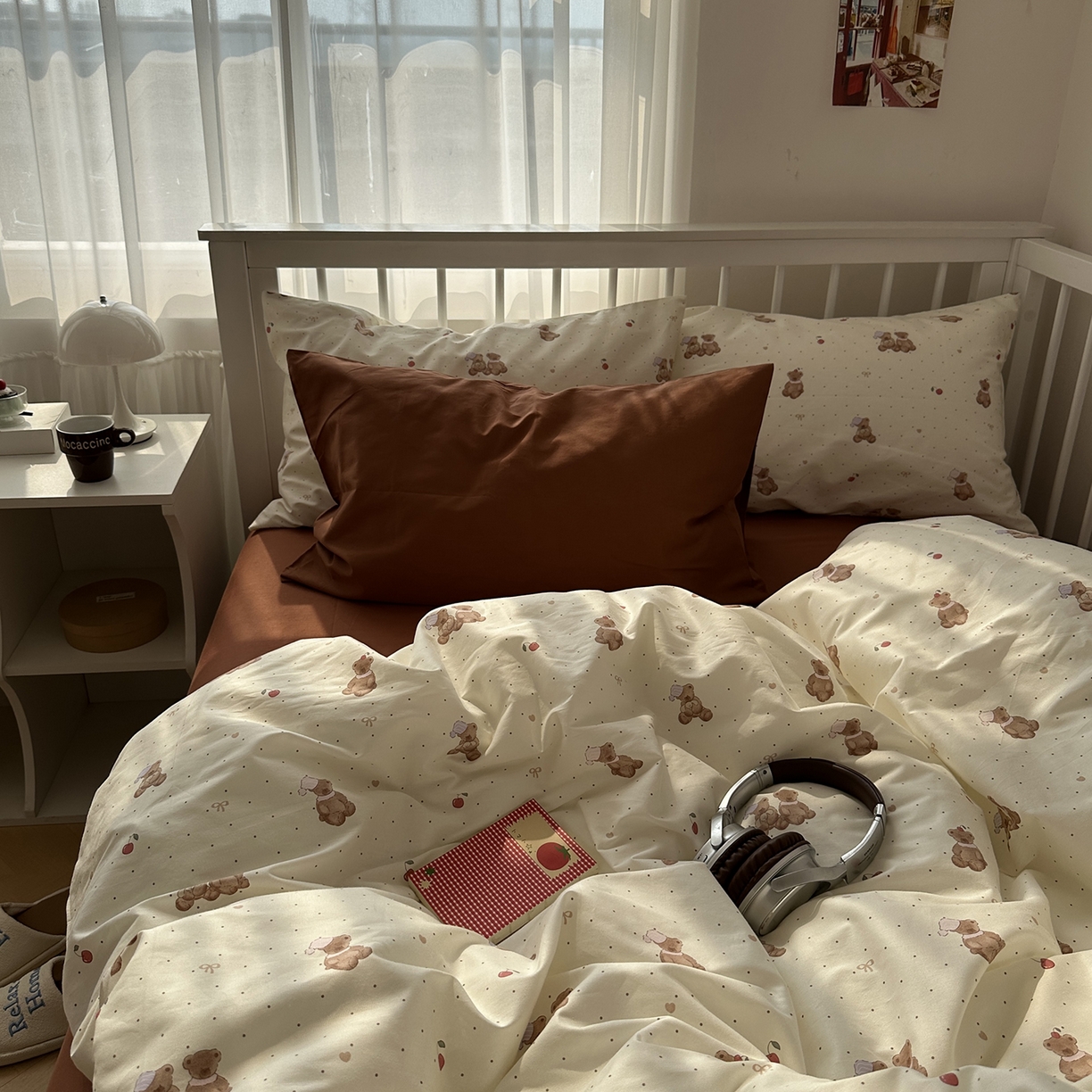 91家纺网 家纺一手货源 找家纺 尺素 2026新款纯棉卡通ins风四件套可爱少女风全棉被套纯色1.8床笠加大床单学生1.2三件套 小熊软糖--焦糖