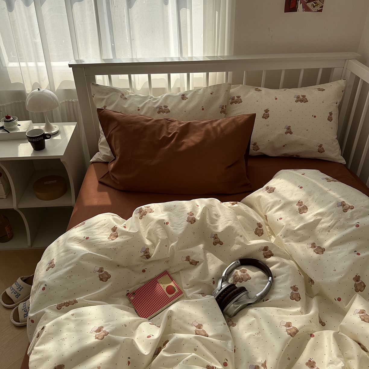 91家纺网 家纺一手货源 找家纺 尺素 2026新款纯棉卡通ins风四件套可爱少女风全棉被套纯色1.8床笠加大床单学生1.2三件套 小熊软糖--焦糖