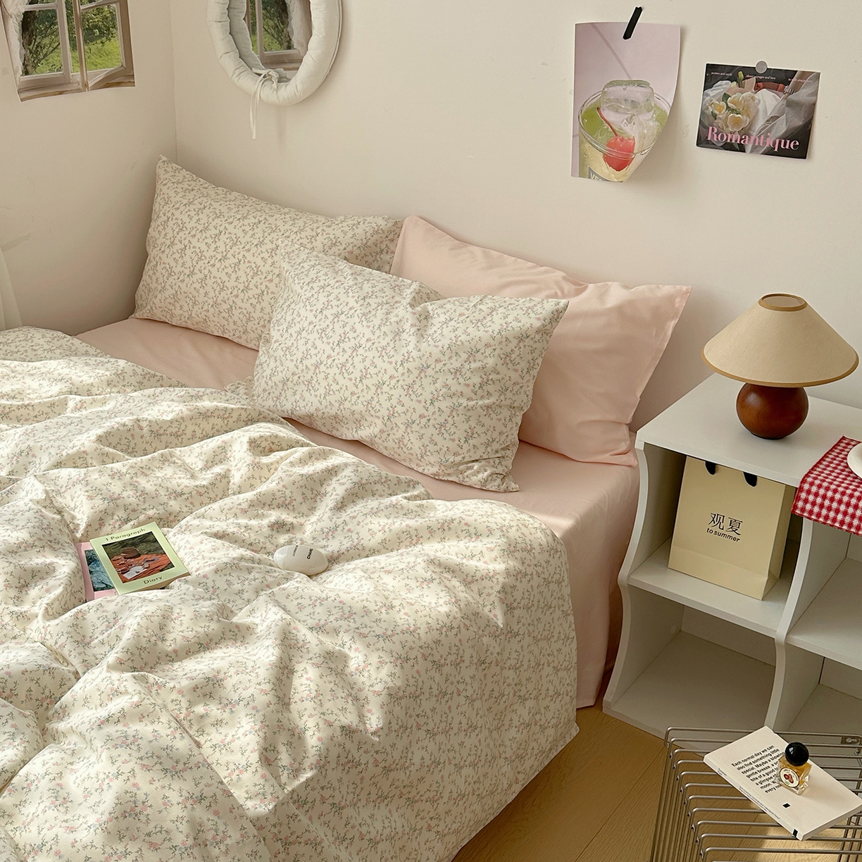 91家纺网 家纺一手货源 找家纺 尺素 2026田园小清新纯棉四件套出口韩国ins博主风全棉被套纯色加大床单1.8床笠印花枕套学生宿舍三件套 春不晚 桃粉