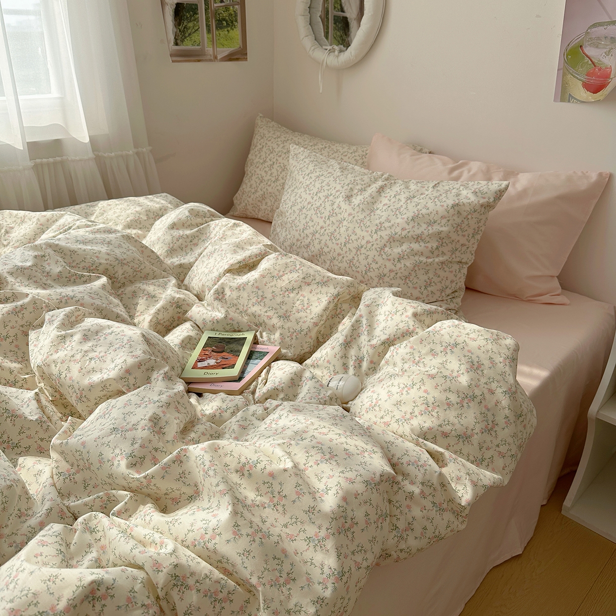 91家纺网 家纺一手货源 找家纺 尺素 2026田园小清新纯棉四件套出口韩国ins博主风全棉被套纯色加大床单1.8床笠印花枕套学生宿舍三件套 春不晚 桃粉