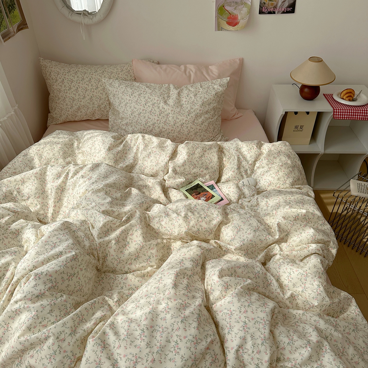 91家纺网 家纺一手货源 找家纺 尺素 2026田园小清新纯棉四件套出口韩国ins博主风全棉被套纯色加大床单1.8床笠印花枕套学生宿舍三件套 春不晚 桃粉