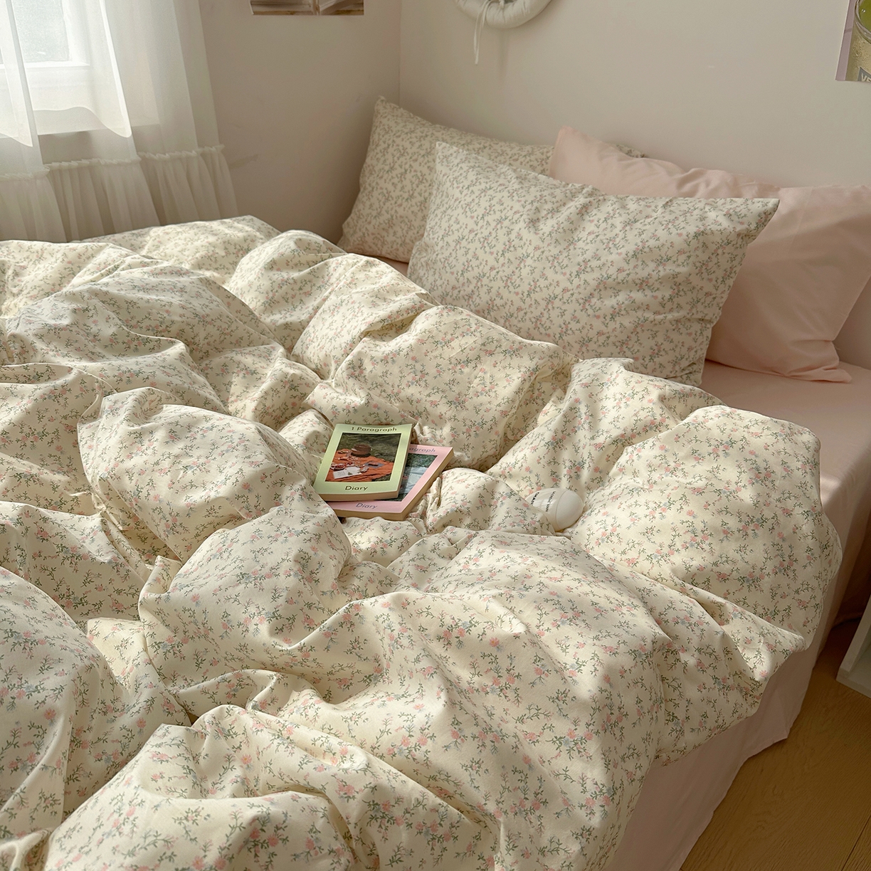 91家纺网 家纺一手货源 找家纺 尺素 2026田园小清新纯棉四件套出口韩国ins博主风全棉被套纯色加大床单1.8床笠印花枕套学生宿舍三件套 春不晚 桃粉