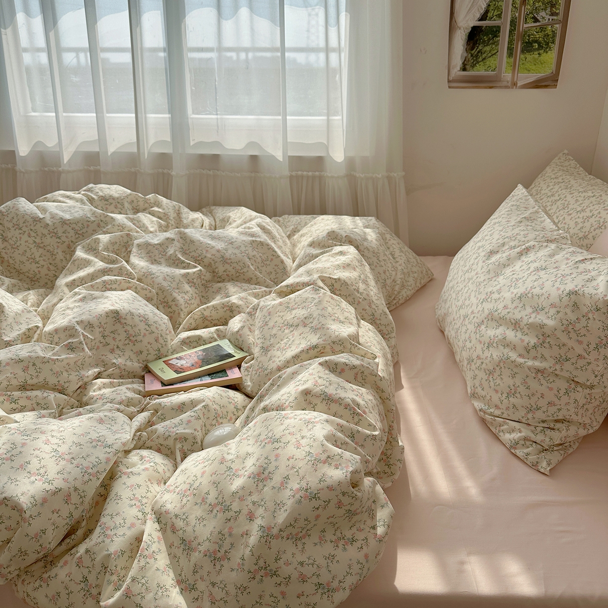 91家纺网 家纺一手货源 找家纺 尺素 2026田园小清新纯棉四件套出口韩国ins博主风全棉被套纯色加大床单1.8床笠印花枕套学生宿舍三件套 春不晚 桃粉