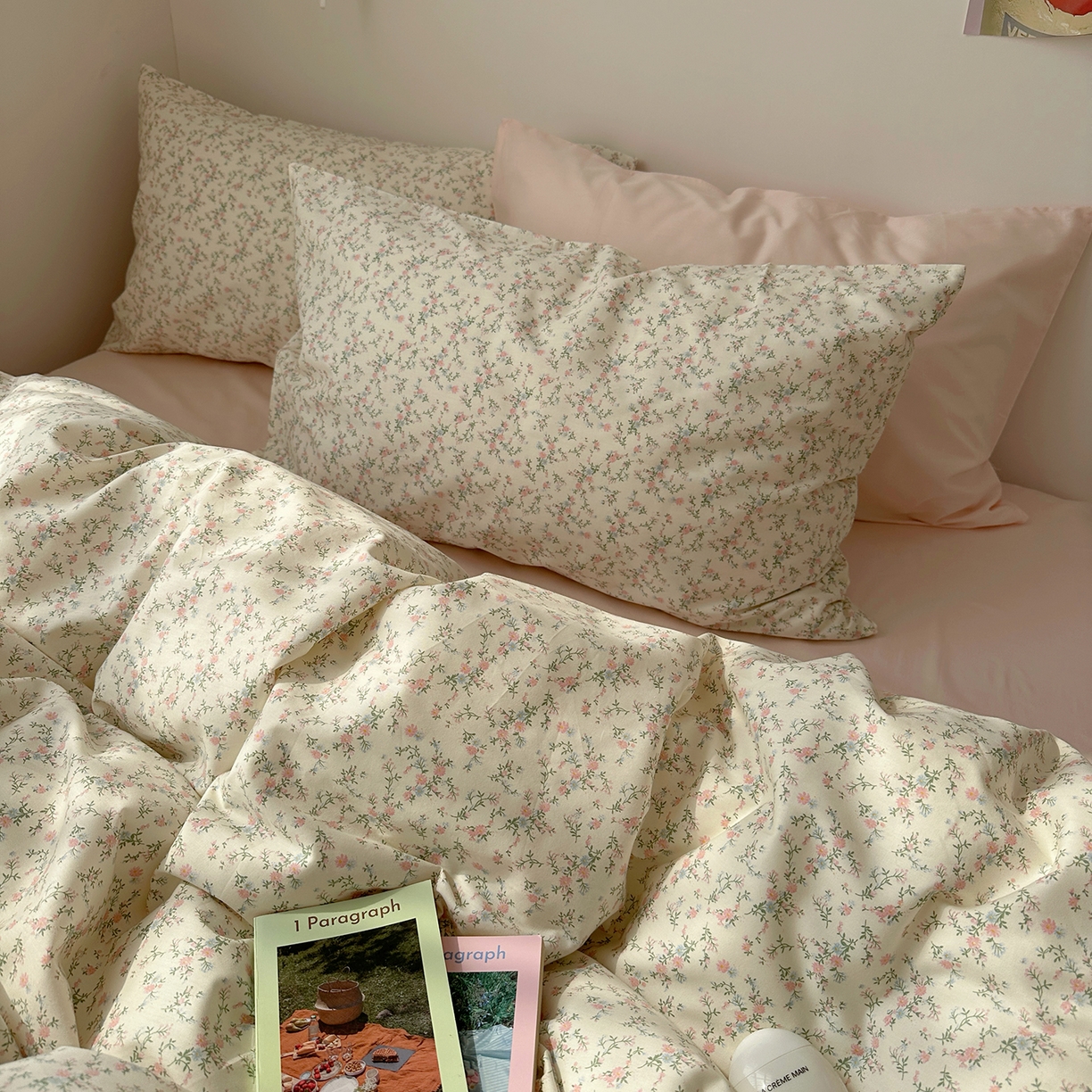 91家纺网 家纺一手货源 找家纺 尺素 2026田园小清新纯棉四件套出口韩国ins博主风全棉被套纯色加大床单1.8床笠印花枕套学生宿舍三件套 春不晚 桃粉