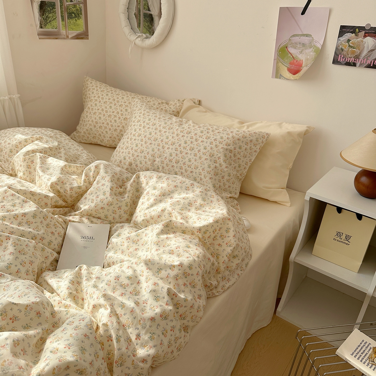 尺素 2026田园小清新纯棉四件套出口韩国ins博主风全棉被套纯色加大床单1.8床笠印花枕套学生宿舍三件套 花似锦 奶白