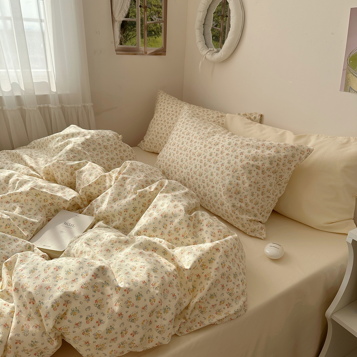 91家纺网 家纺一手货源 找家纺 尺素 2026田园小清新纯棉四件套出口韩国ins博主风全棉被套纯色加大床单1.8床笠印花枕套学生宿舍三件套 花似锦 奶白