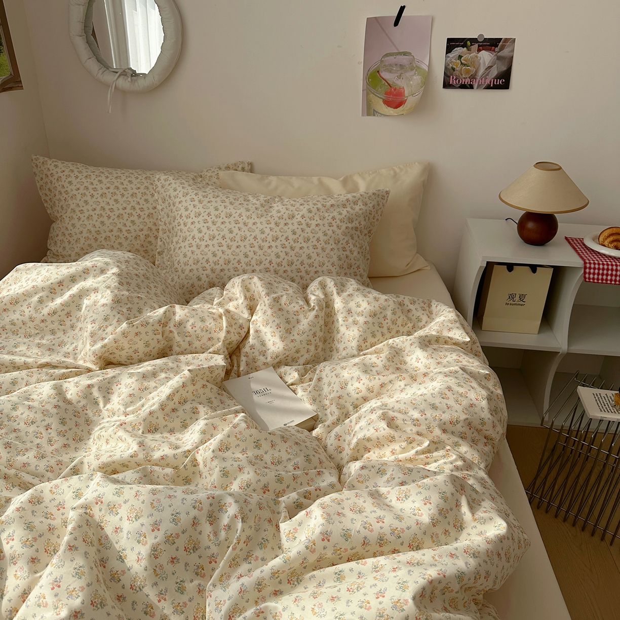 91家纺网 家纺一手货源 找家纺 尺素 2026田园小清新纯棉四件套出口韩国ins博主风全棉被套纯色加大床单1.8床笠印花枕套学生宿舍三件套 花似锦 奶白