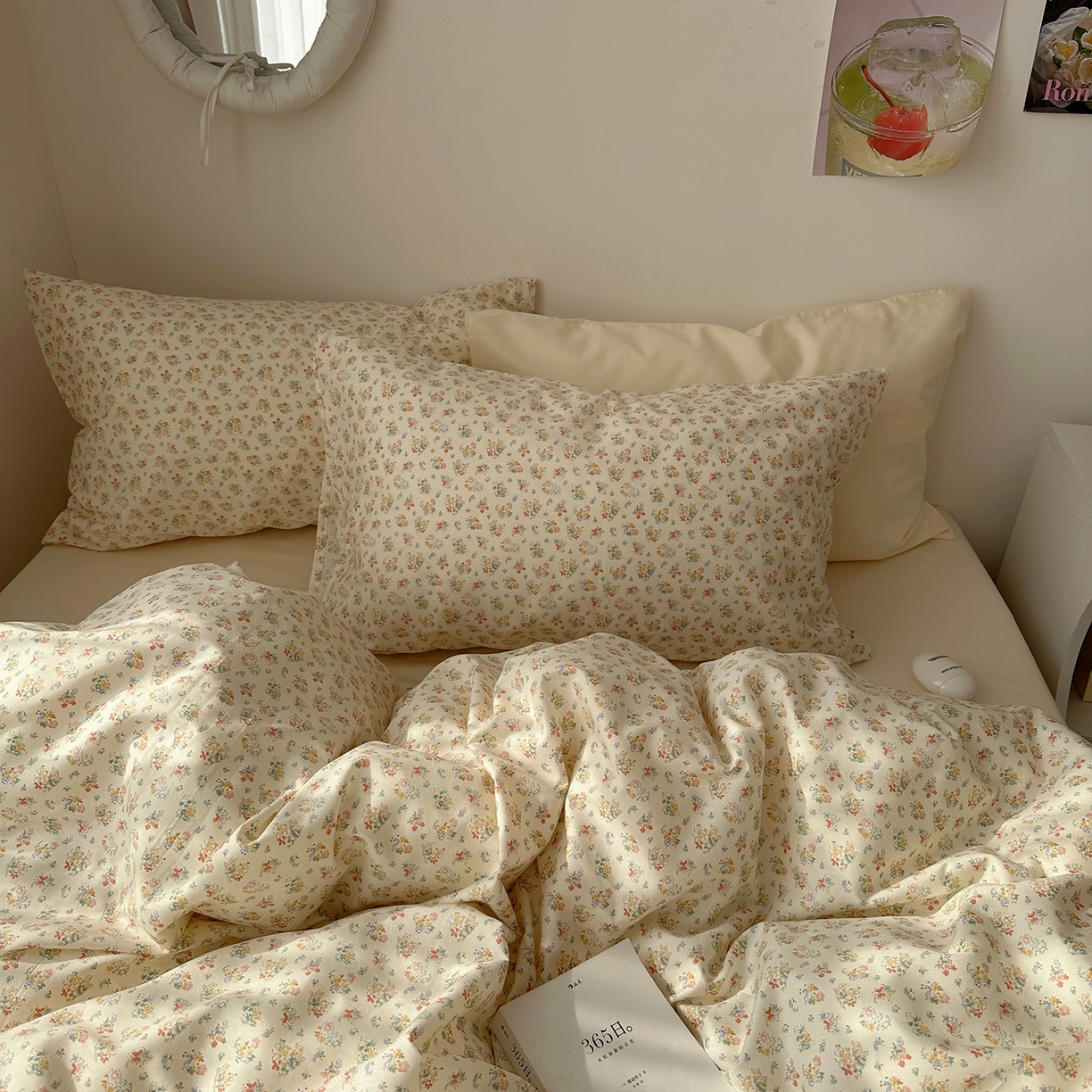 91家纺网 家纺一手货源 找家纺 尺素 2026田园小清新纯棉四件套出口韩国ins博主风全棉被套纯色加大床单1.8床笠印花枕套学生宿舍三件套 花似锦 奶白