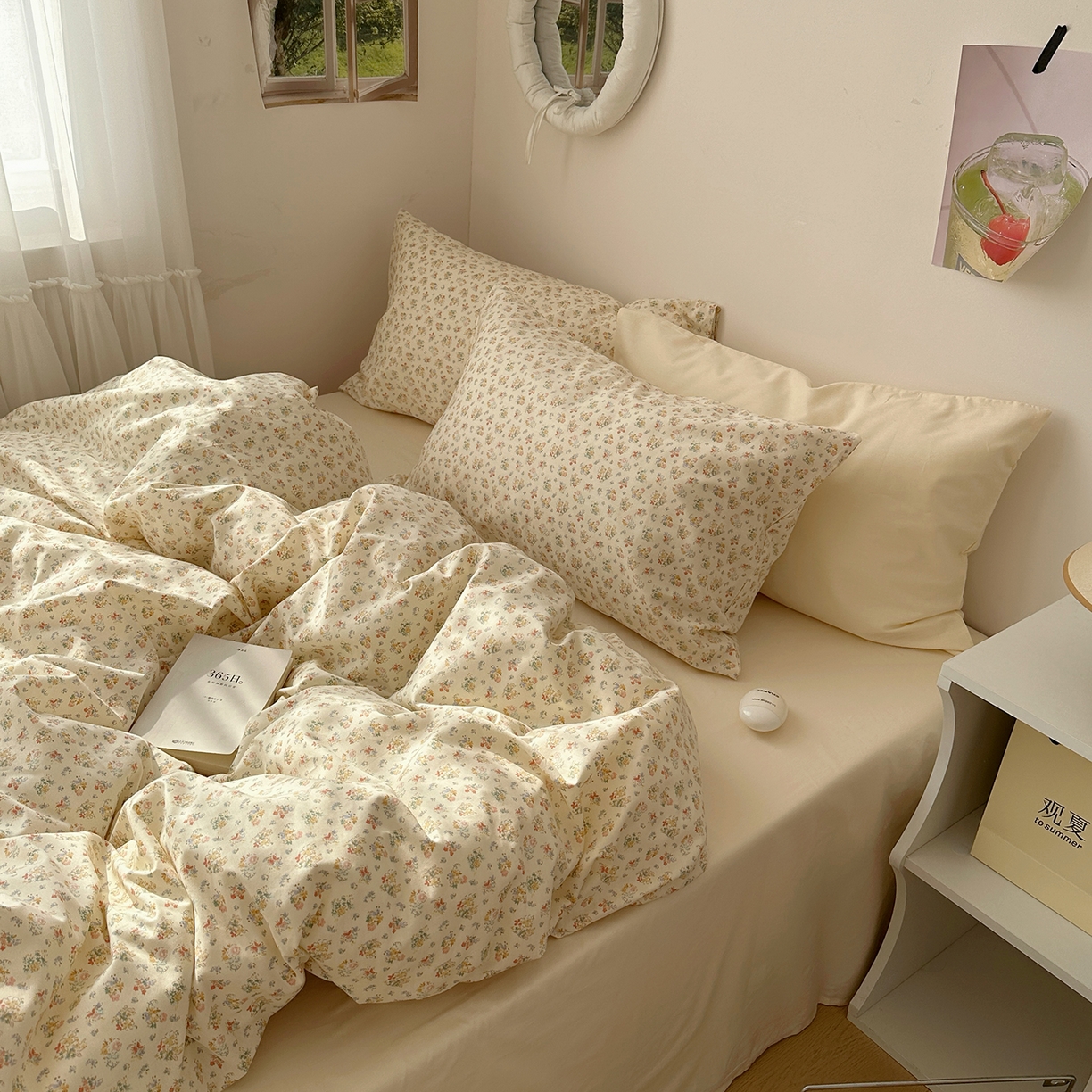 91家纺网 家纺一手货源 找家纺 尺素 2026田园小清新纯棉四件套出口韩国ins博主风全棉被套纯色加大床单1.8床笠印花枕套学生宿舍三件套 花似锦 奶白