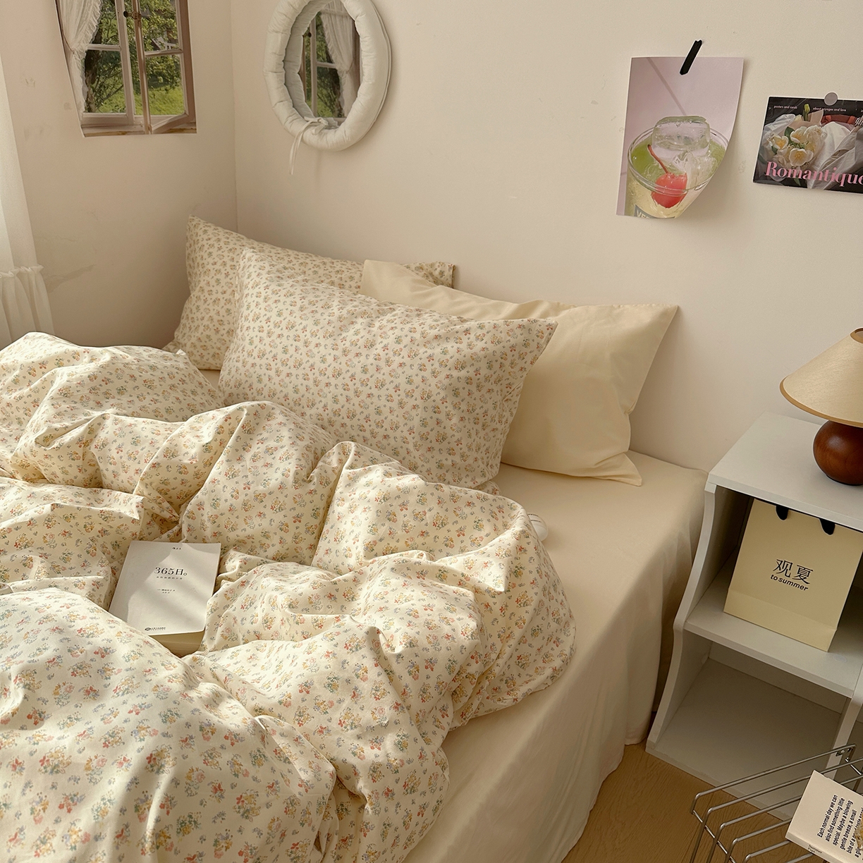 91家纺网 家纺一手货源 找家纺 尺素 2026田园小清新纯棉四件套出口韩国ins博主风全棉被套纯色加大床单1.8床笠印花枕套学生宿舍三件套 花似锦 奶白