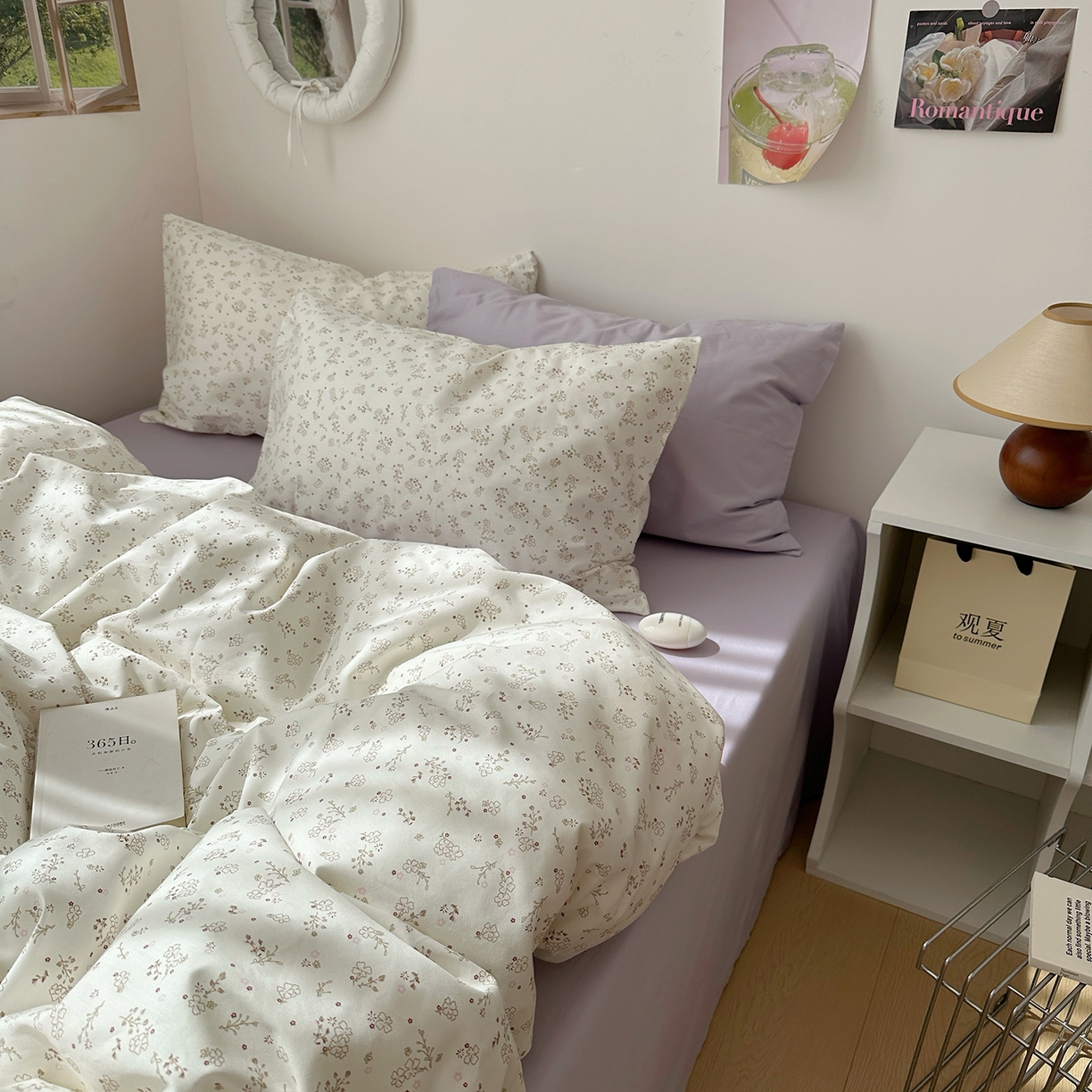 91家纺网 家纺一手货源 找家纺 尺素 2026田园小清新纯棉四件套出口韩国ins博主风全棉被套纯色加大床单1.8床笠印花枕套学生宿舍三件套 紫鸢千夏紫