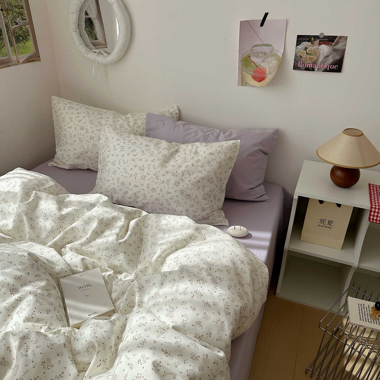 91家纺网 家纺一手货源 找家纺 尺素 2026田园小清新纯棉四件套出口韩国ins博主风全棉被套纯色加大床单1.8床笠印花枕套学生宿舍三件套 紫鸢千夏紫