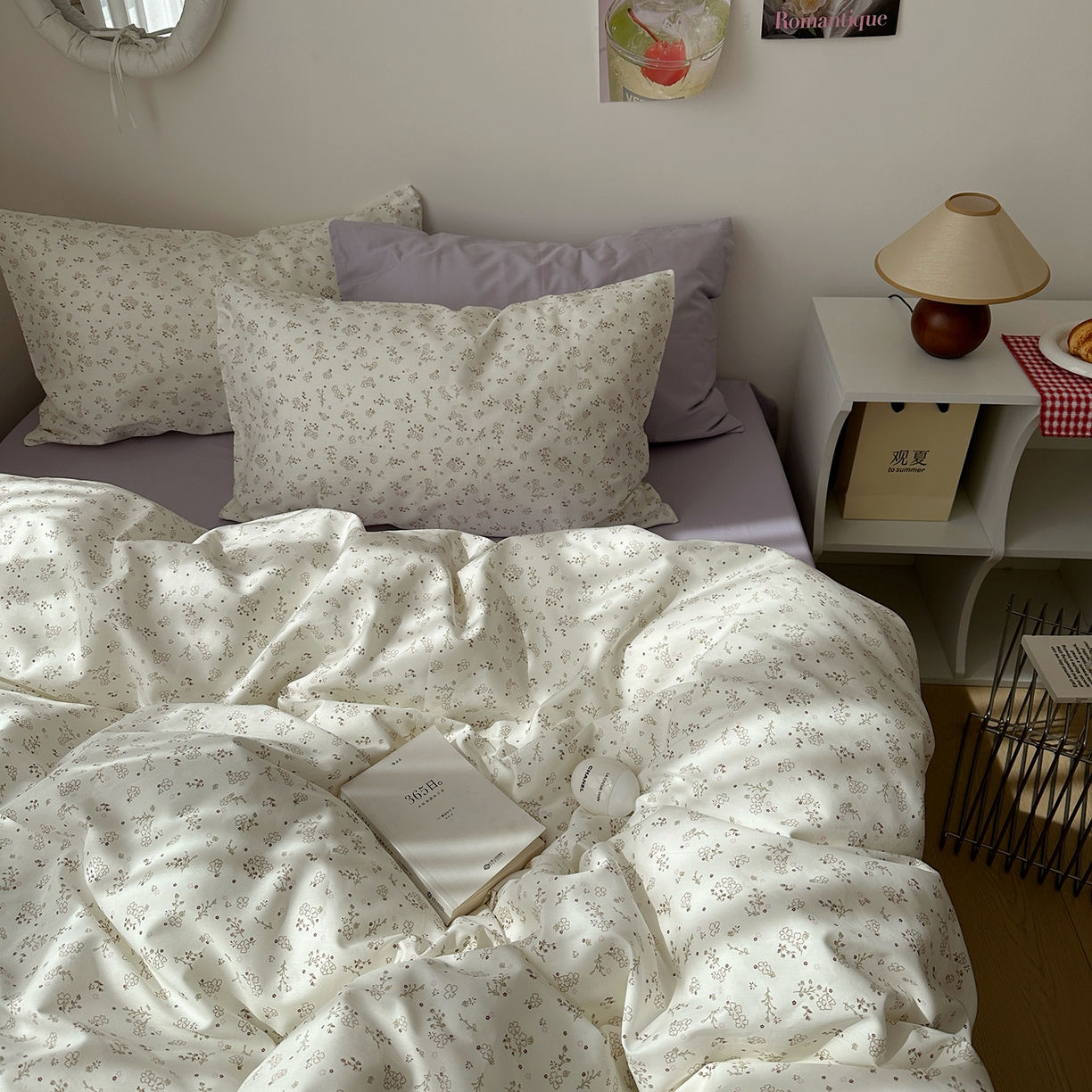 91家纺网 家纺一手货源 找家纺 尺素 2026田园小清新纯棉四件套出口韩国ins博主风全棉被套纯色加大床单1.8床笠印花枕套学生宿舍三件套 紫鸢千夏紫