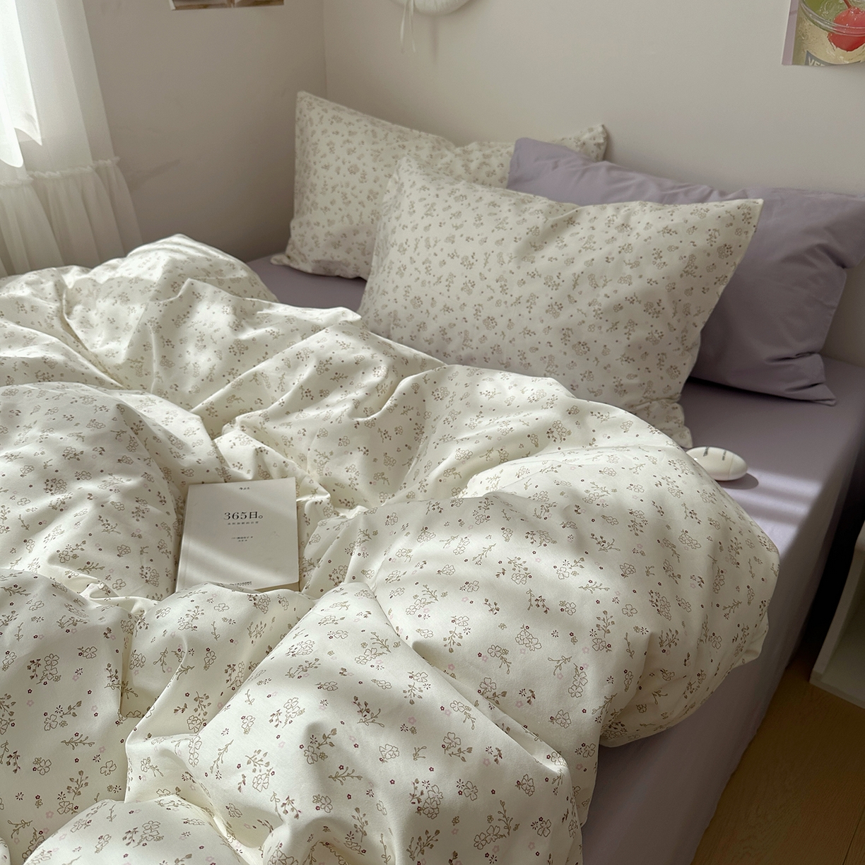 91家纺网 家纺一手货源 找家纺 尺素 2026田园小清新纯棉四件套出口韩国ins博主风全棉被套纯色加大床单1.8床笠印花枕套学生宿舍三件套 紫鸢千夏紫