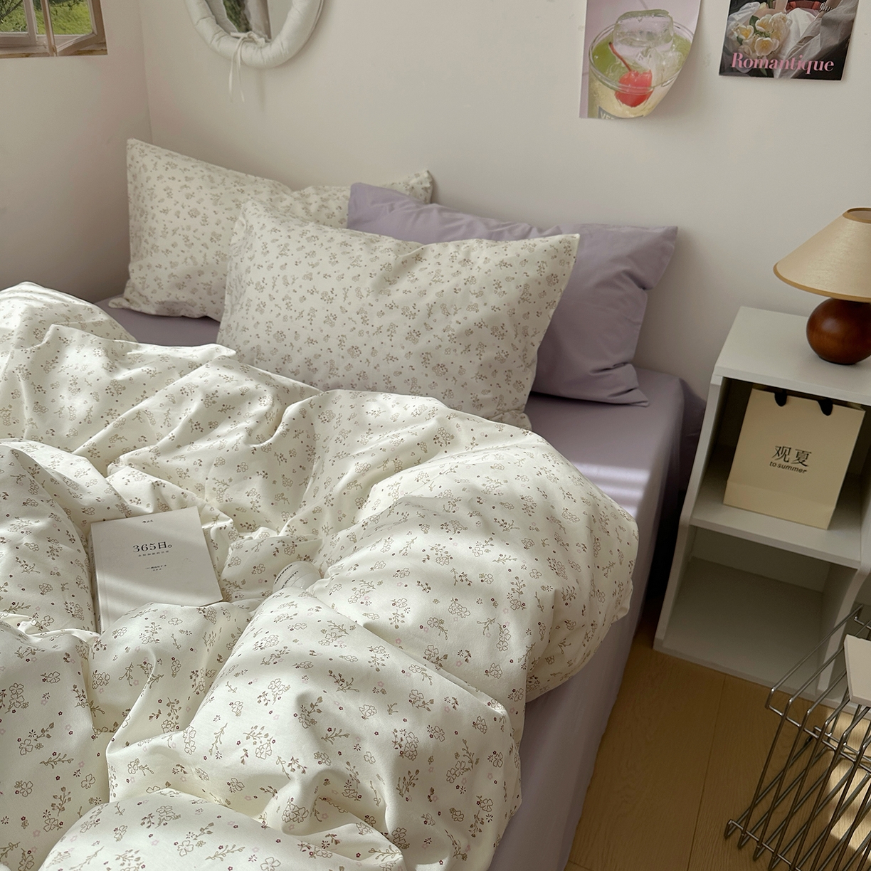 91家纺网 家纺一手货源 找家纺 尺素 2026田园小清新纯棉四件套出口韩国ins博主风全棉被套纯色加大床单1.8床笠印花枕套学生宿舍三件套 紫鸢千夏紫
