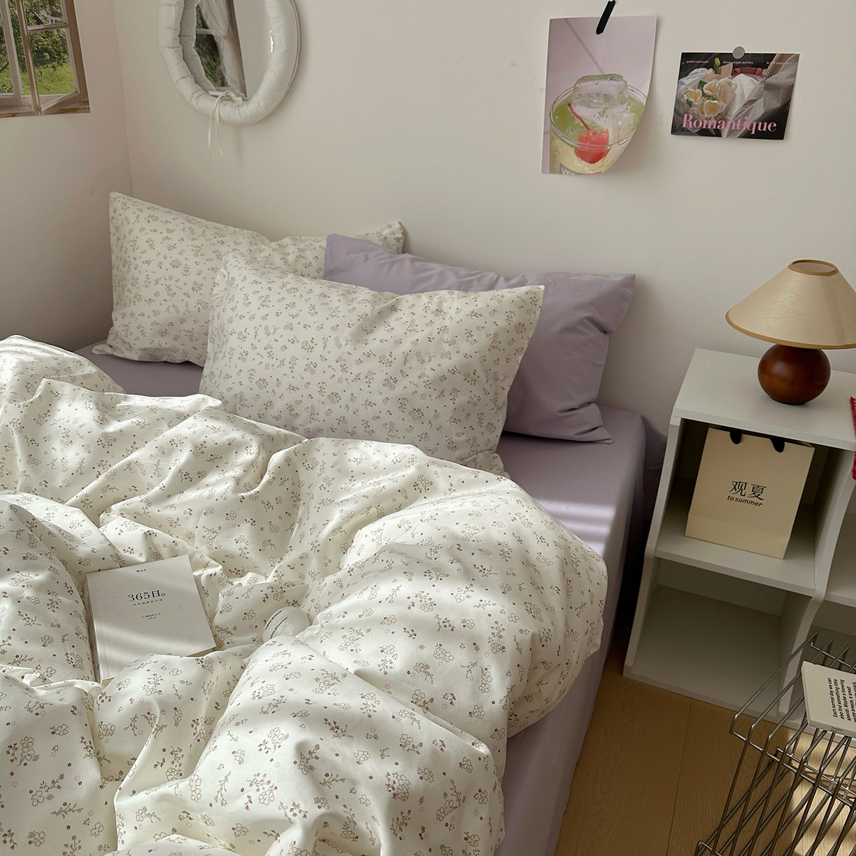 91家纺网 家纺一手货源 找家纺 尺素 2026田园小清新纯棉四件套出口韩国ins博主风全棉被套纯色加大床单1.8床笠印花枕套学生宿舍三件套 紫鸢千夏紫