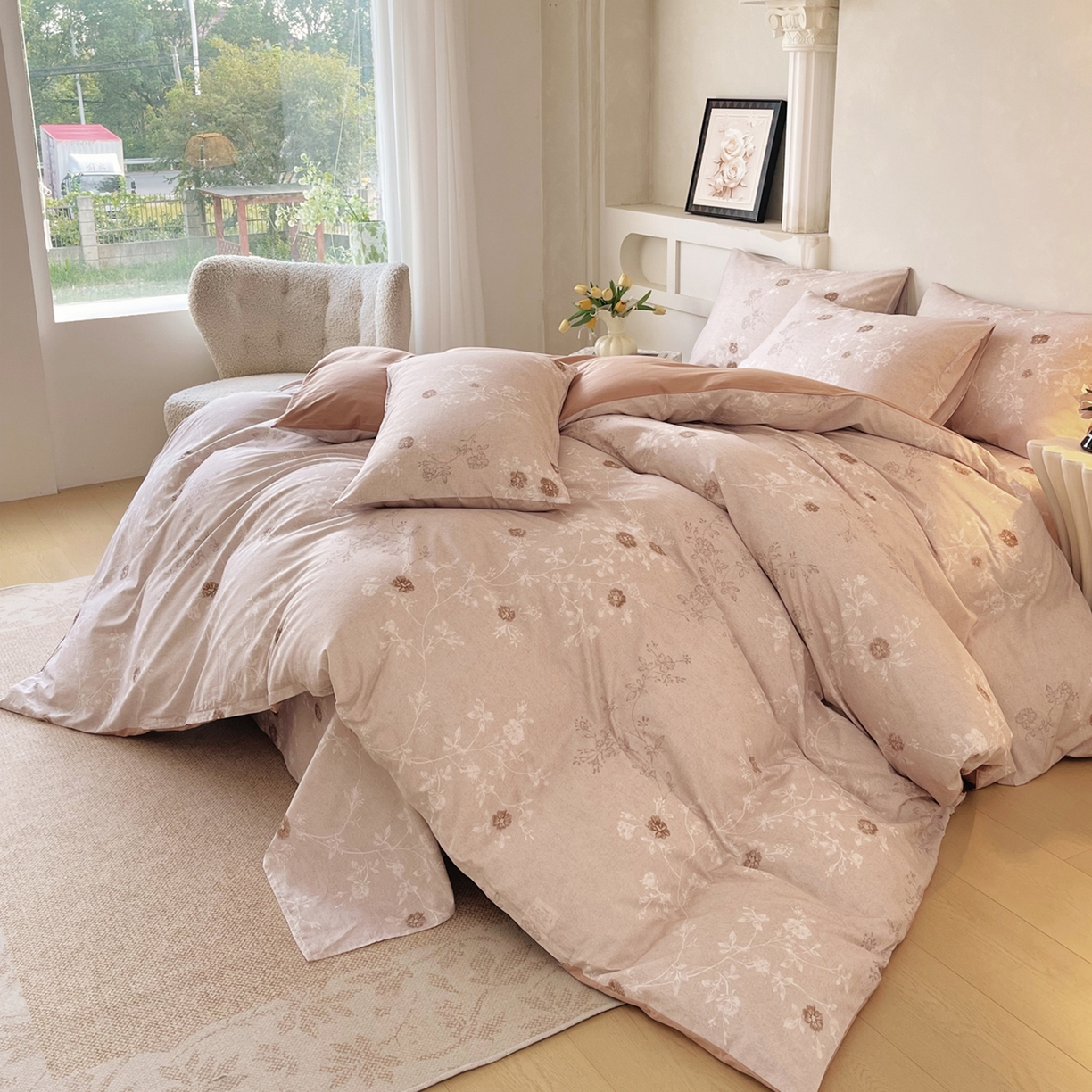 91家纺网 家纺一手货源 找家纺 金鑫汇家纺 2026新款全棉印花小清新四件套系列-可露丽 浅咖可露丽