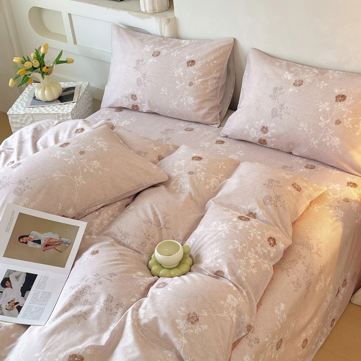 91家纺网 家纺一手货源 找家纺 金鑫汇家纺 2026新款全棉印花小清新四件套系列-可露丽 浅咖可露丽