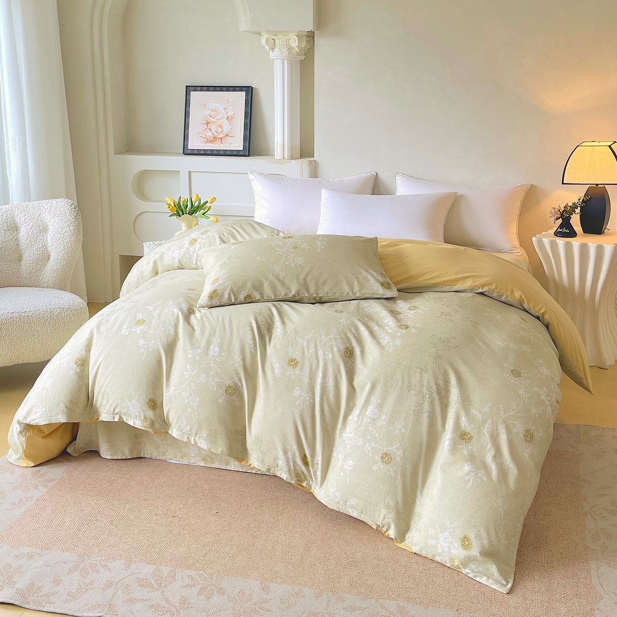 91家纺网 家纺一手货源 找家纺 金鑫汇家纺 2026新款全棉印花小清新四件套系列-可露丽 浅绿可露丽