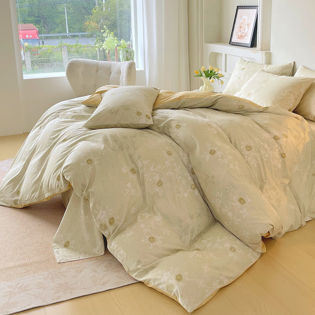 91家纺网 家纺一手货源 找家纺 金鑫汇家纺 2026新款全棉印花小清新四件套系列-可露丽 浅绿可露丽