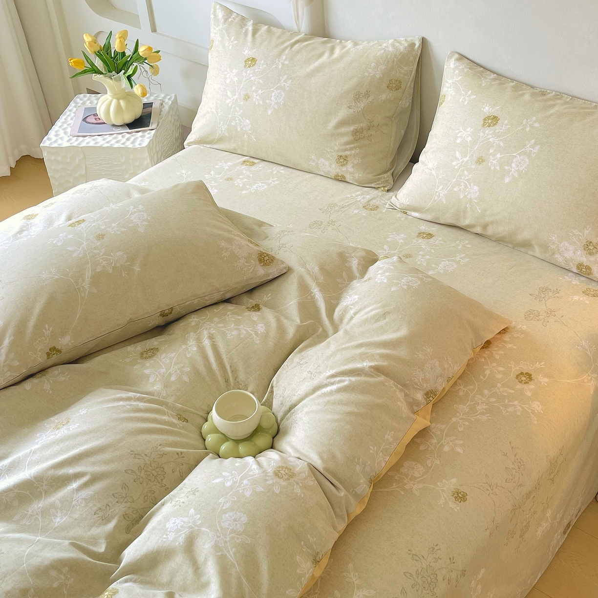 91家纺网 家纺一手货源 找家纺 金鑫汇家纺 2026新款全棉印花小清新四件套系列-可露丽 浅绿可露丽