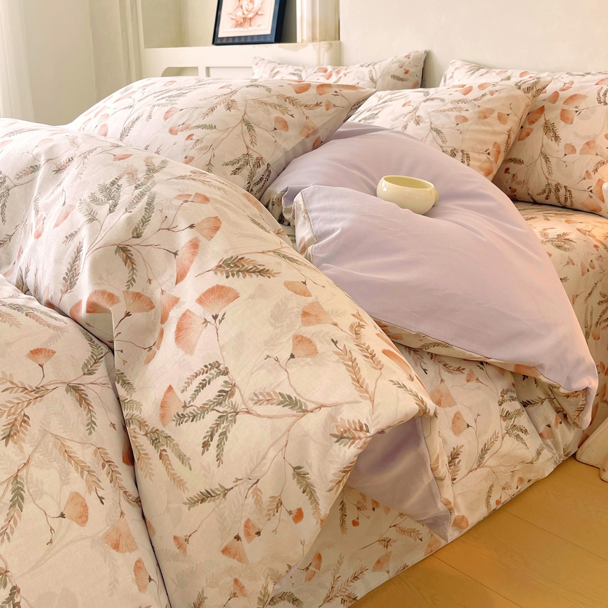 91家纺网 家纺一手货源 找家纺 金鑫汇家纺 2026新款全棉印花小清新四件套系列-可露丽 月下花影-桔