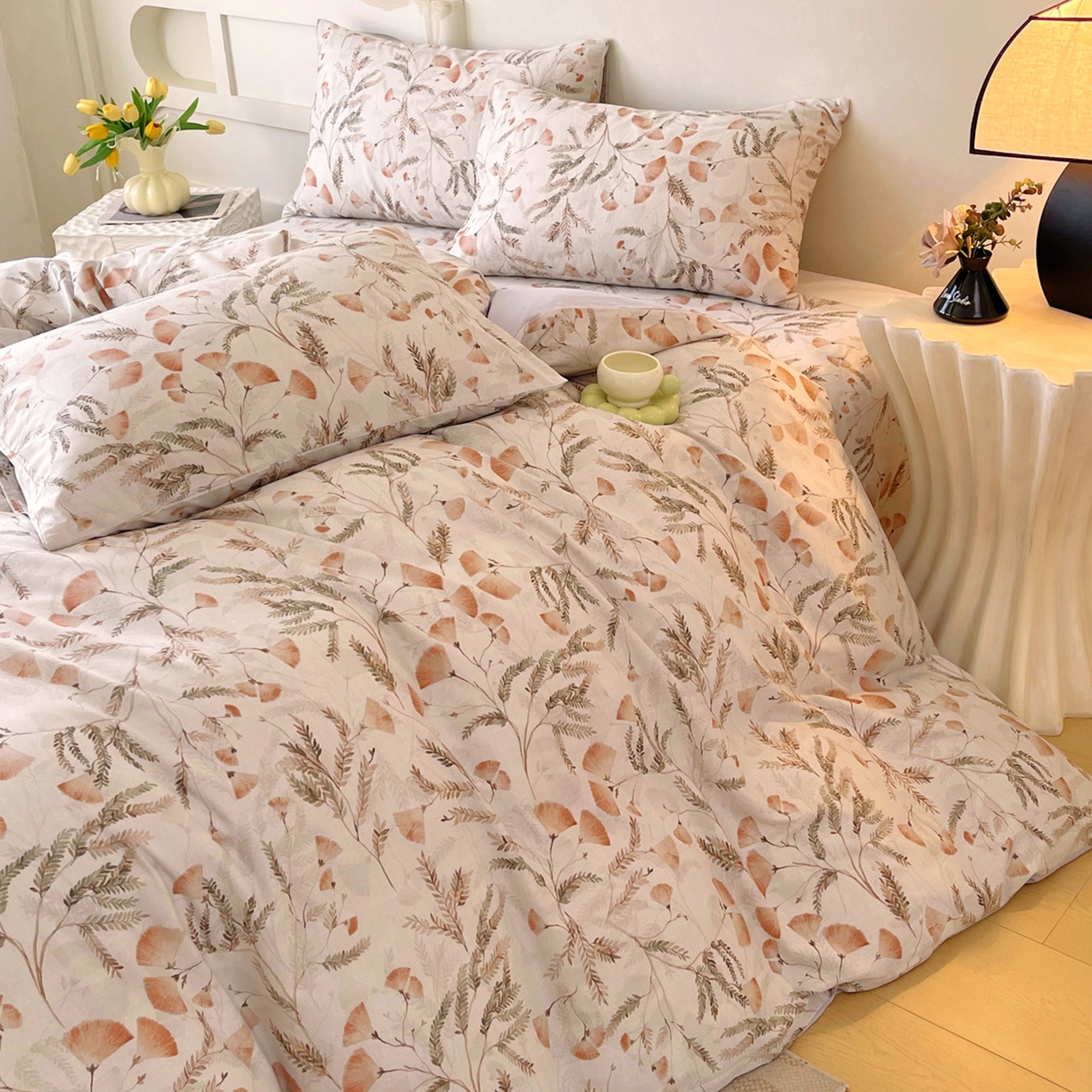 91家纺网 家纺一手货源 找家纺 金鑫汇家纺 2026新款全棉印花小清新四件套系列-可露丽 月下花影-桔