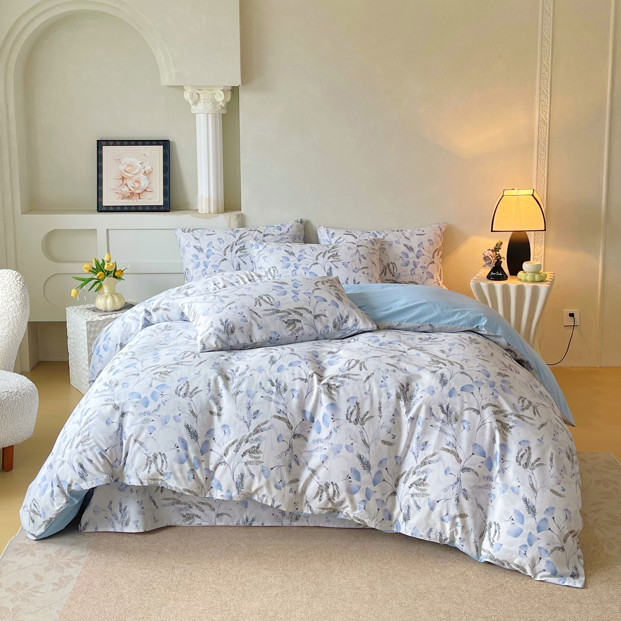 91家纺网 家纺一手货源 找家纺 金鑫汇家纺 2026新款全棉印花小清新四件套系列-可露丽 月下花影-蓝