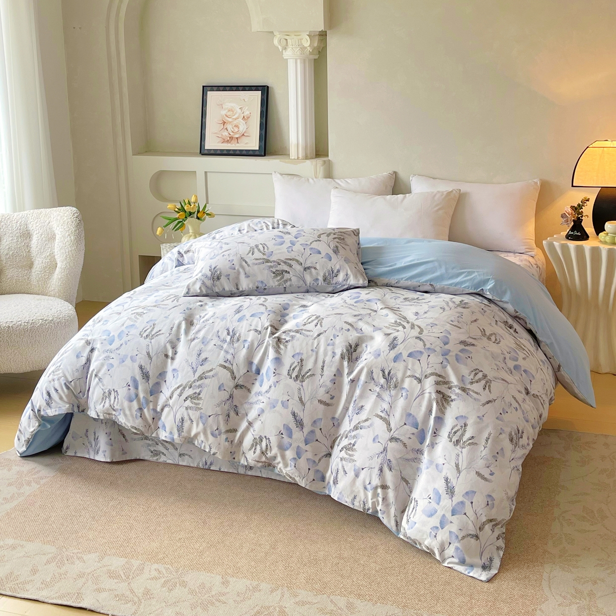 91家纺网 家纺一手货源 找家纺 金鑫汇家纺 2026新款全棉印花小清新四件套系列-可露丽 月下花影-蓝