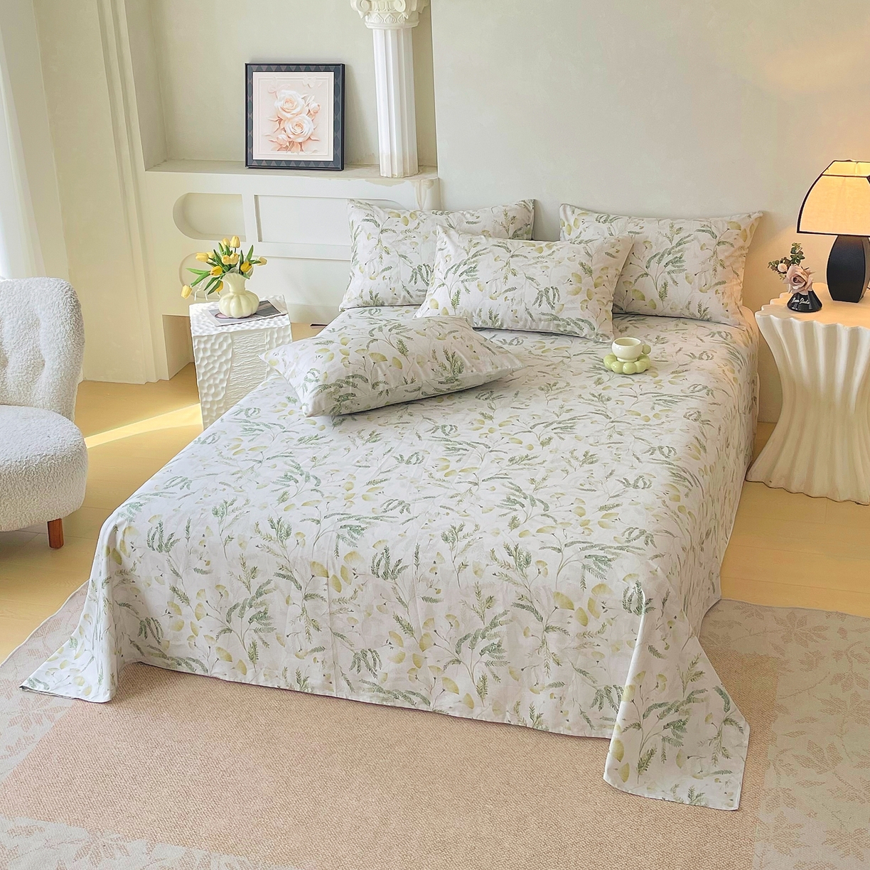 91家纺网 家纺一手货源 找家纺 金鑫汇家纺 2026新款全棉印花小清新四件套系列-可露丽 月下花影-绿