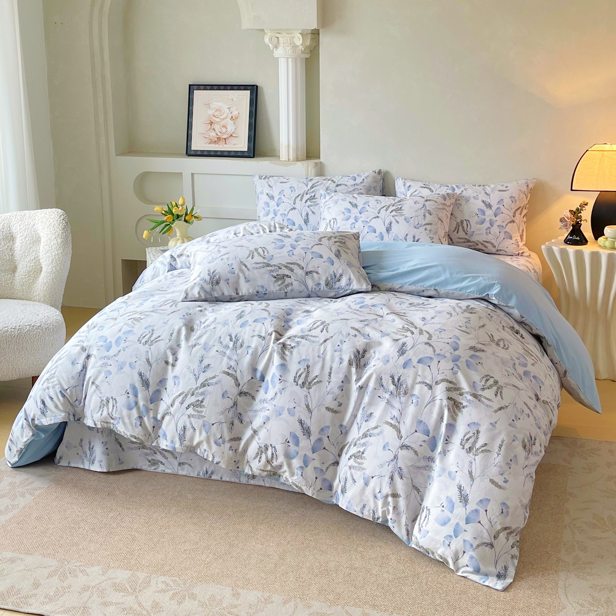 91家纺网 家纺一手货源 找家纺 金鑫汇家纺 2026新款全棉印花小清新单品被套系列-可露丽 月下花影-蓝