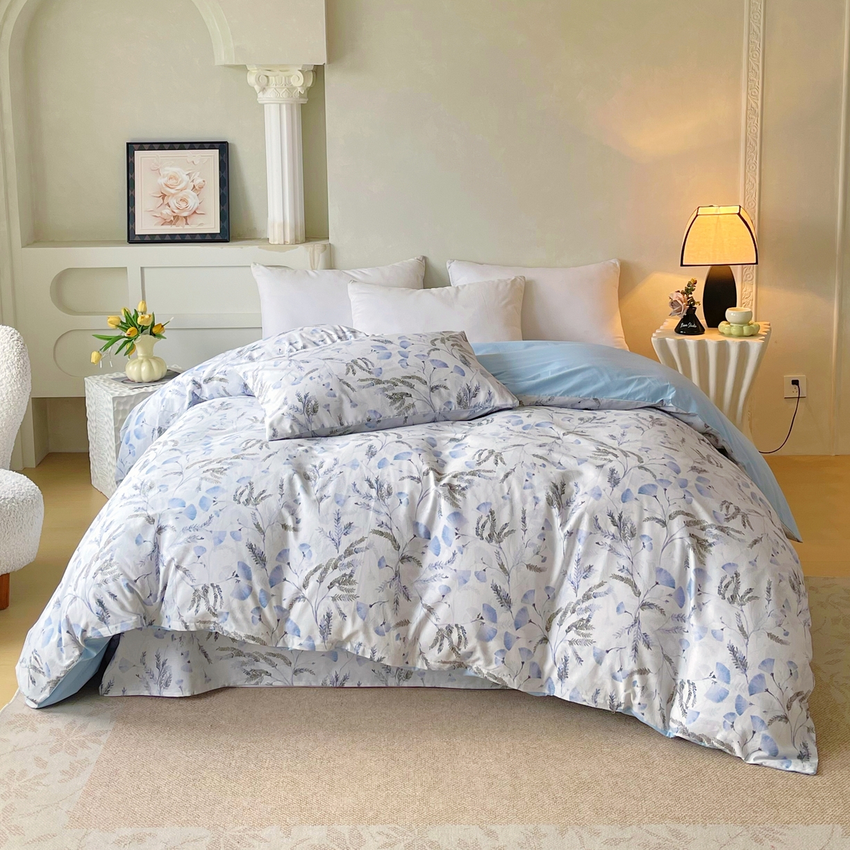 91家纺网 家纺一手货源 找家纺 金鑫汇家纺 2026新款全棉印花小清新单品被套系列-可露丽 月下花影-蓝