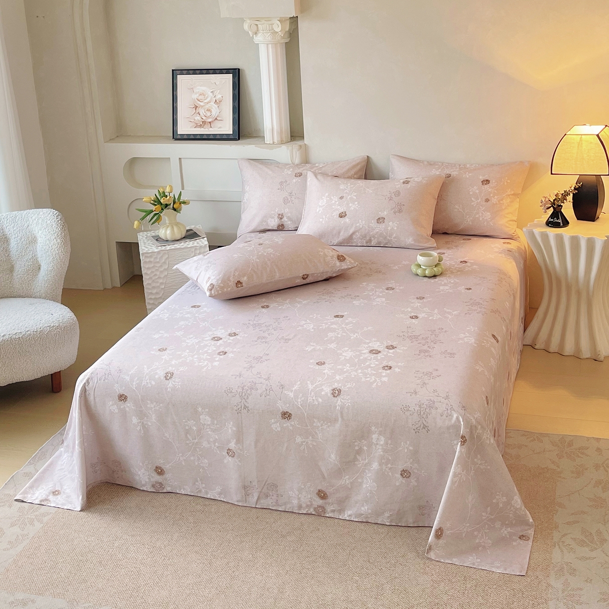 91家纺网 家纺一手货源 找家纺 金鑫汇家纺 2026新款全棉印花小清新单品床单系列-可露丽 浅咖可露丽