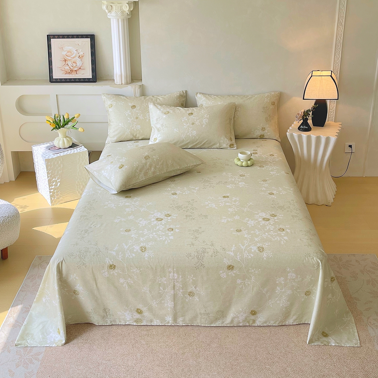 91家纺网 家纺一手货源 找家纺 金鑫汇家纺 2026新款全棉印花小清新单品床单系列-可露丽 浅绿可露丽