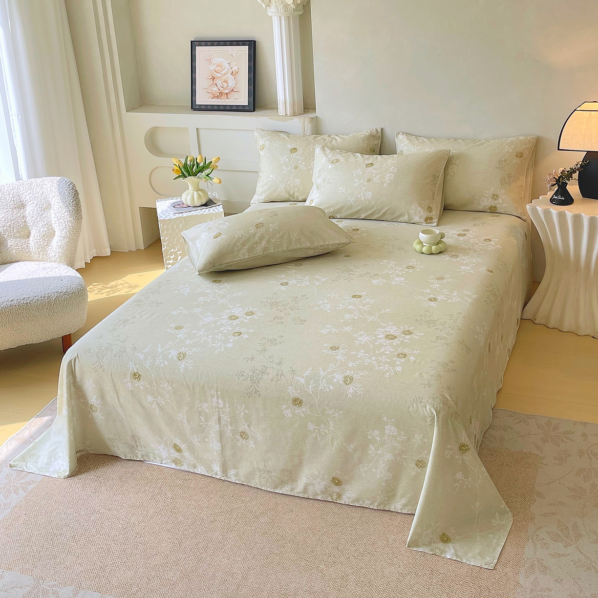 91家纺网 家纺一手货源 找家纺 金鑫汇家纺 2026新款全棉印花小清新单品床单系列-可露丽 浅绿可露丽