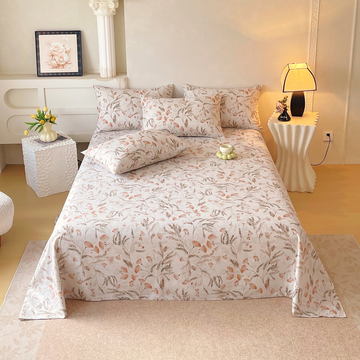 91家纺网 家纺一手货源 找家纺 金鑫汇家纺 2026新款全棉印花小清新单品床单系列-可露丽 月下花影-桔