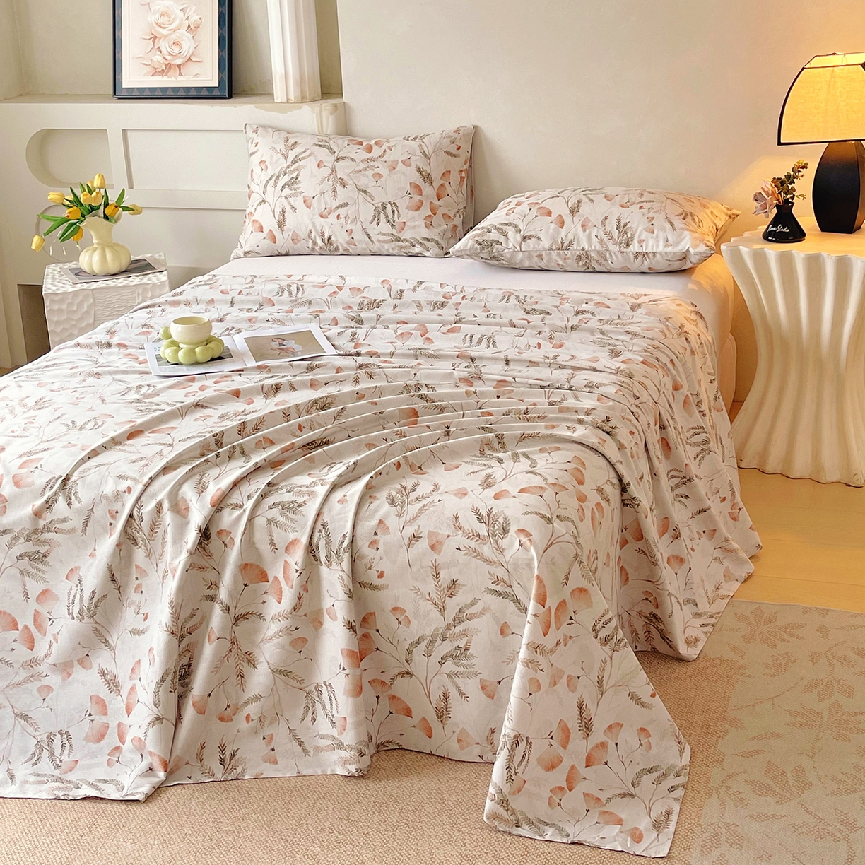 91家纺网 家纺一手货源 找家纺 金鑫汇家纺 2026新款全棉印花小清新单品床单系列-可露丽 月下花影-桔