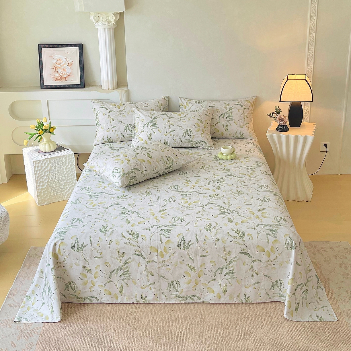 91家纺网 家纺一手货源 找家纺 金鑫汇家纺 2026新款全棉印花小清新单品床单系列-可露丽 月下花影-绿