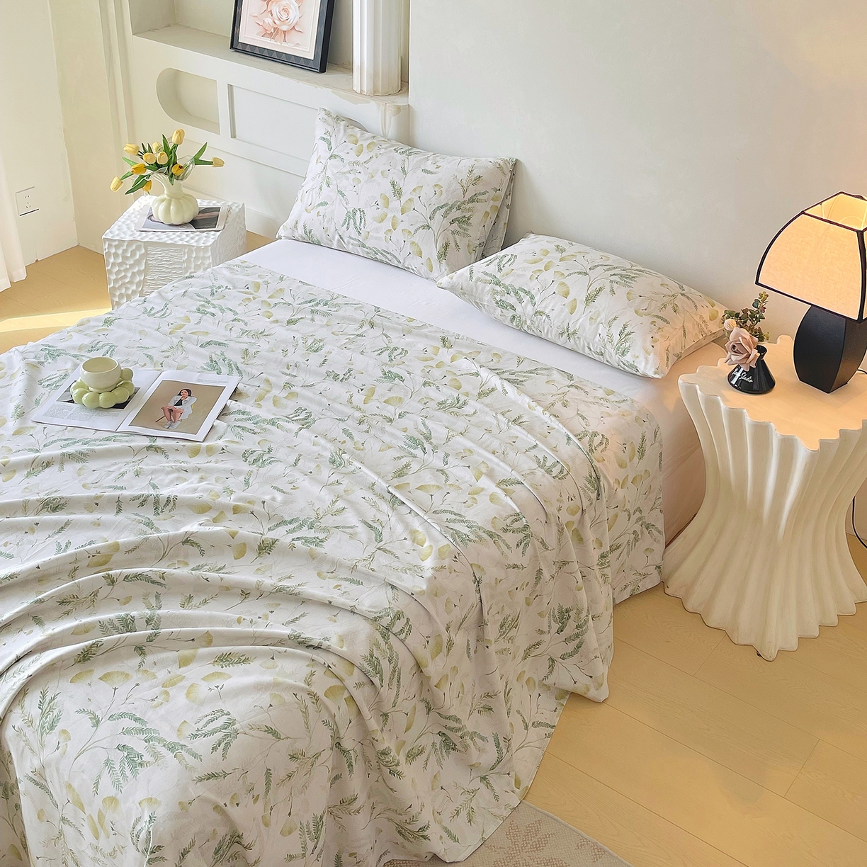 91家纺网 家纺一手货源 找家纺 金鑫汇家纺 2026新款全棉印花小清新单品床单系列-可露丽 月下花影-绿