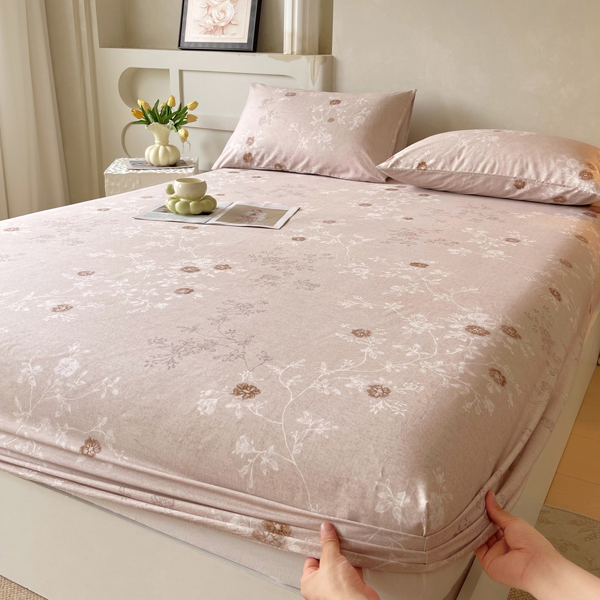 91家纺网 家纺一手货源 找家纺 金鑫汇家纺 2026新款全棉印花小清新单品床笠系列-可露丽 浅咖可露丽