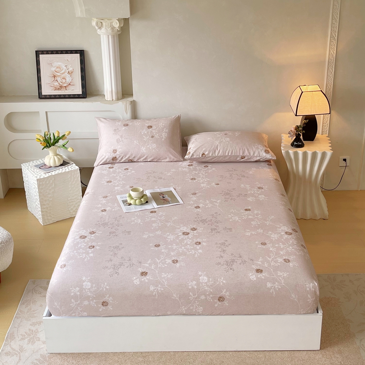 91家纺网 家纺一手货源 找家纺 金鑫汇家纺 2026新款全棉印花小清新单品床笠系列-可露丽 浅咖可露丽