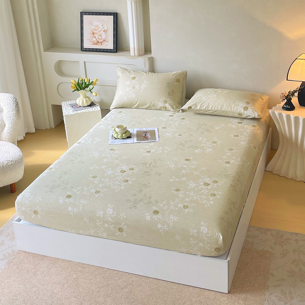 91家纺网 家纺一手货源 找家纺 金鑫汇家纺 2026新款全棉印花小清新单品床笠系列-可露丽 浅绿可露丽