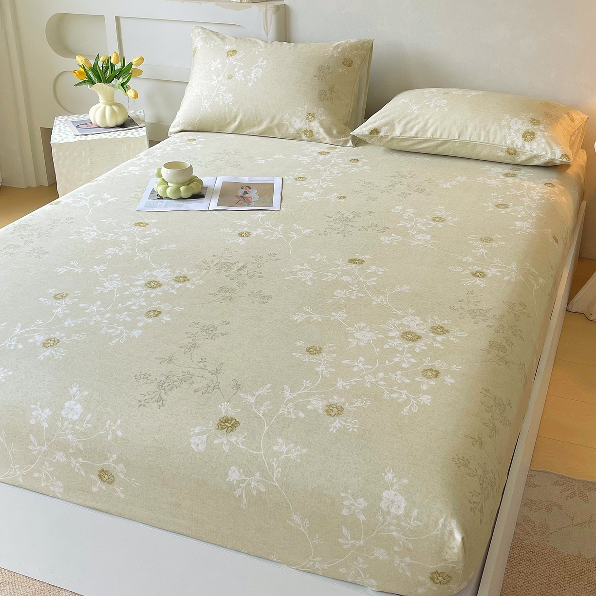 91家纺网 家纺一手货源 找家纺 金鑫汇家纺 2026新款全棉印花小清新单品床笠系列-可露丽 浅绿可露丽