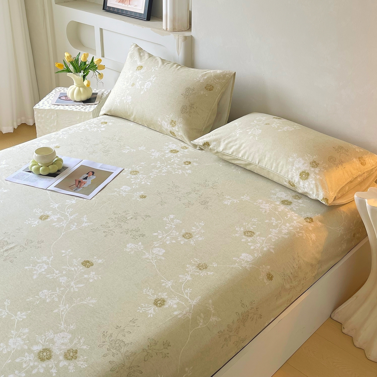 91家纺网 家纺一手货源 找家纺 金鑫汇家纺 2026新款全棉印花小清新单品床笠系列-可露丽 浅绿可露丽