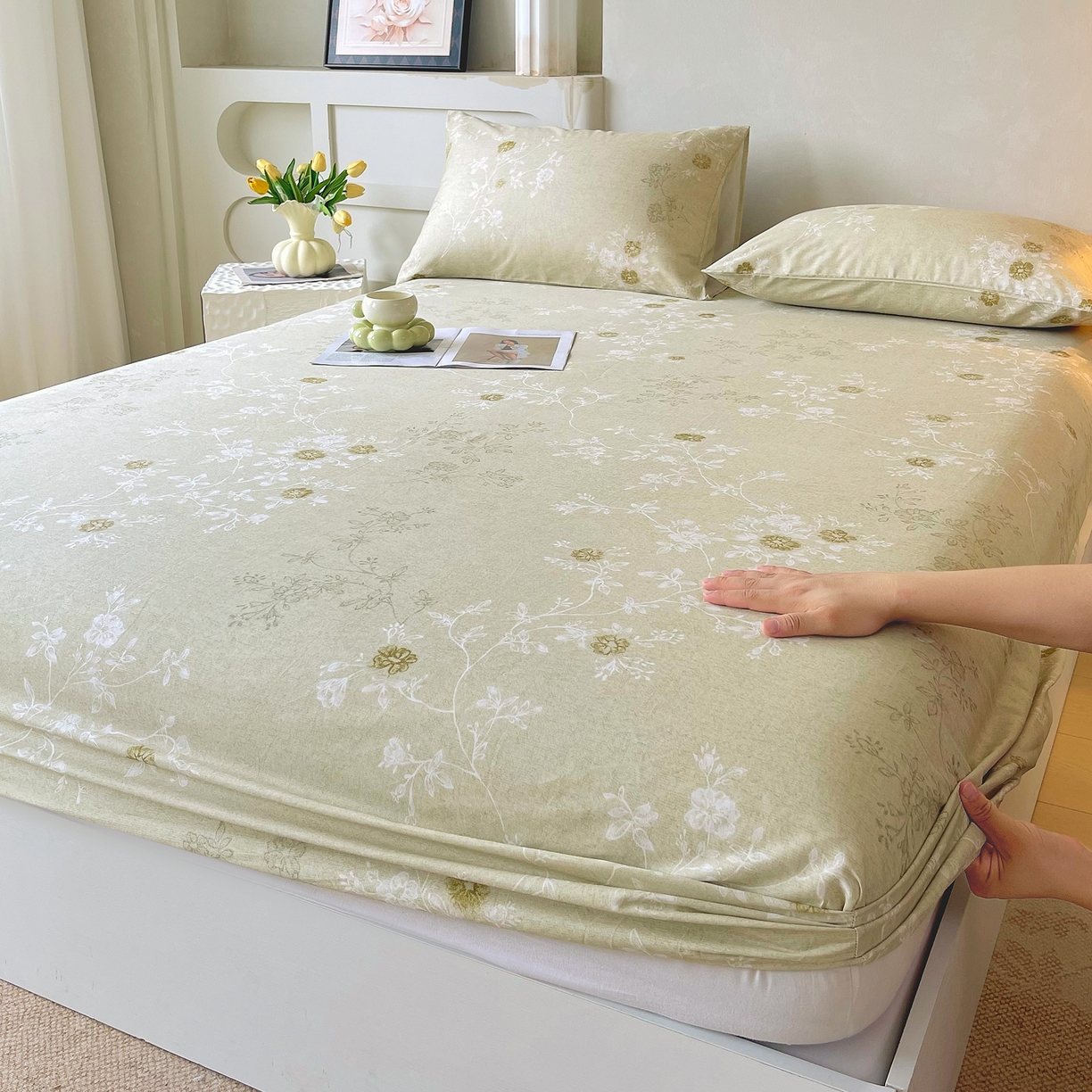 91家纺网 家纺一手货源 找家纺 金鑫汇家纺 2026新款全棉印花小清新单品床笠系列-可露丽 浅绿可露丽