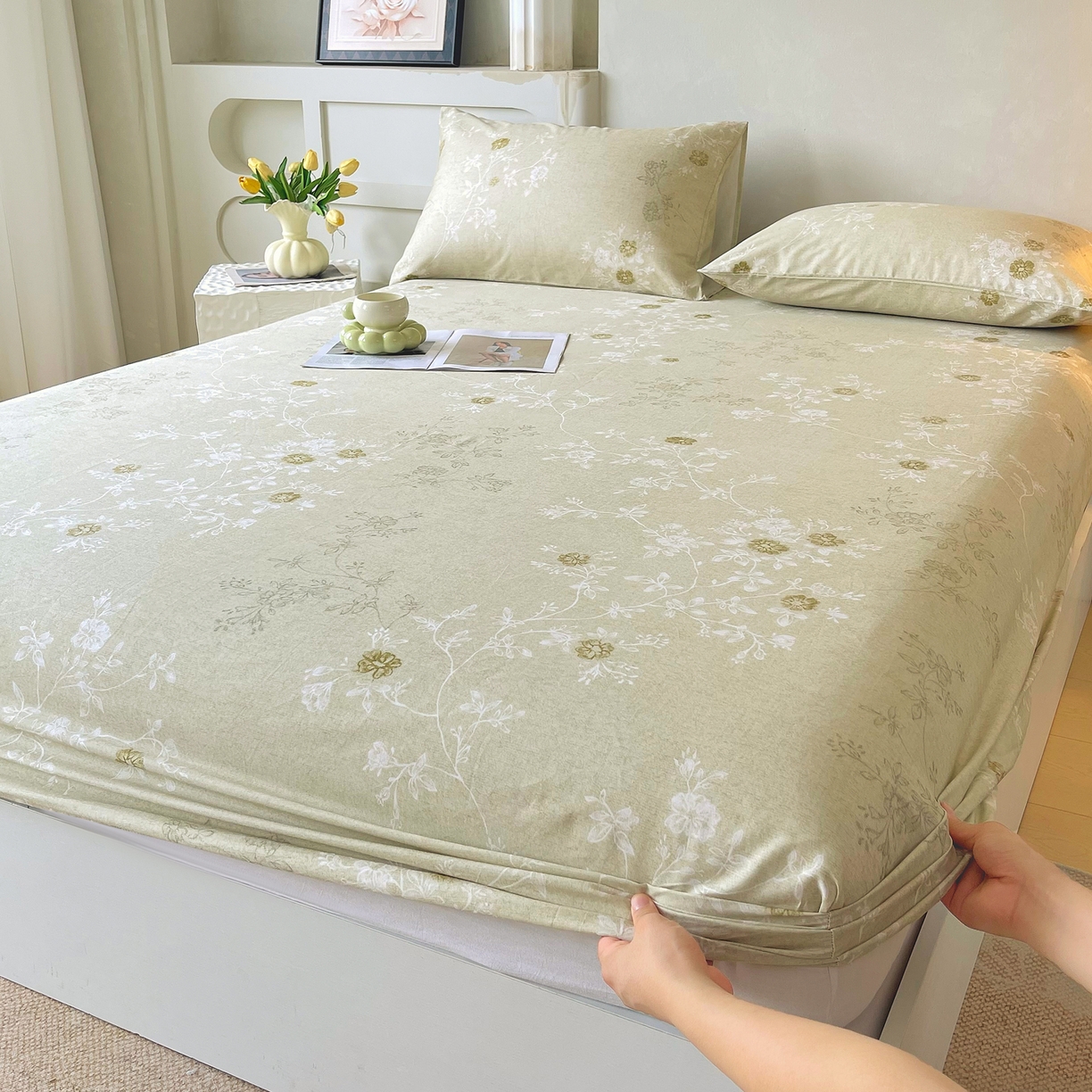 91家纺网 家纺一手货源 找家纺 金鑫汇家纺 2026新款全棉印花小清新单品床笠系列-可露丽 浅绿可露丽