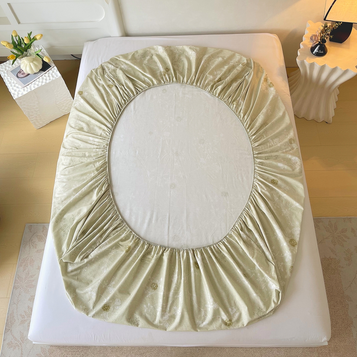 91家纺网 家纺一手货源 找家纺 金鑫汇家纺 2026新款全棉印花小清新单品床笠系列-可露丽 浅绿可露丽