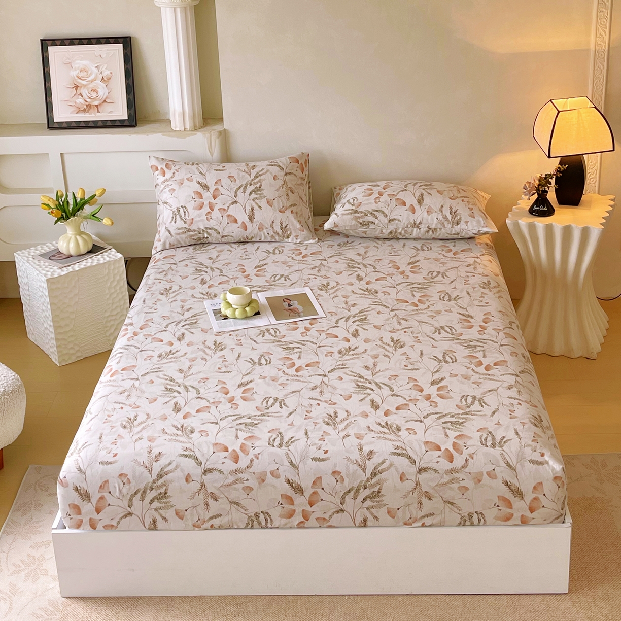 91家纺网 家纺一手货源 找家纺 金鑫汇家纺 2026新款全棉印花小清新单品床笠系列-可露丽 月下花影-桔